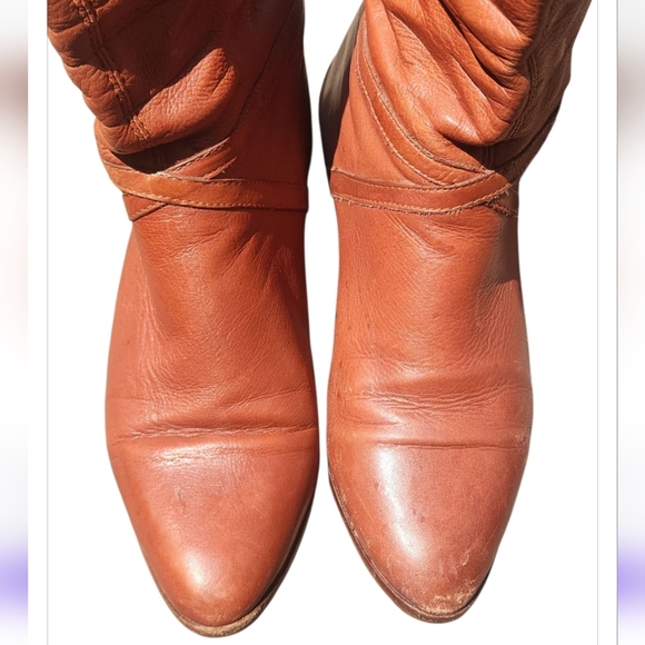 Vintage Terra Cotta Brown Tall Leather Boot Size 10 Small Strap Buckle Wood Heel - Picture 7 of 9
